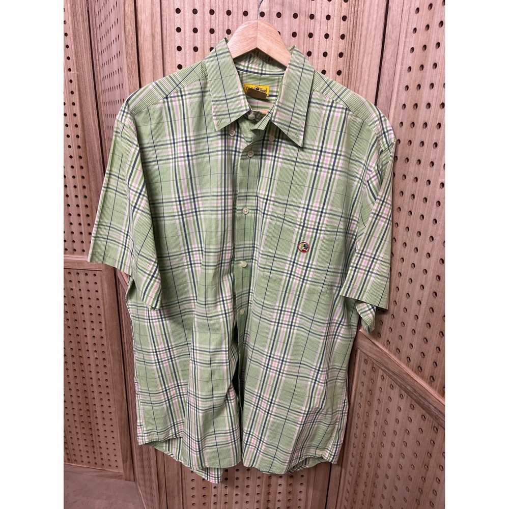 Duck Head Mens Short Sleeve Plaid‎ Button Down Shirt Green Pink Cotton Large L/G